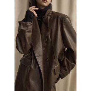 外套皮衣 做旧宽肩百搭做旧时髦精皮革西装 showyee 摩卡慕斯棕经典