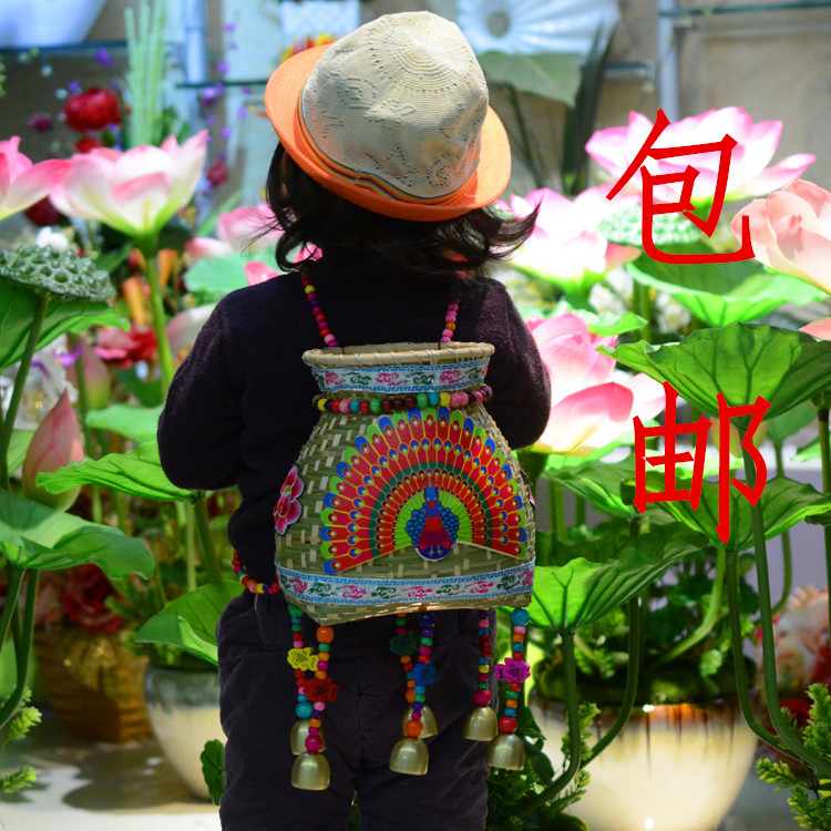 竹编藤编儿童小背篓风铃鱼篓铃铛