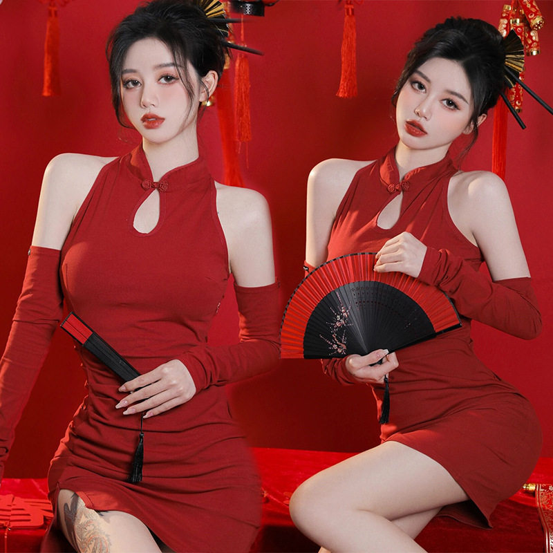 影楼写真服装女复古红色中旗袍
