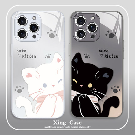 适用苹果16手机壳猫咪情侣15promax新款iPhone14可爱13高级感12mini卡通11小众8plus7渐变x玻璃xr黑白小猫xs