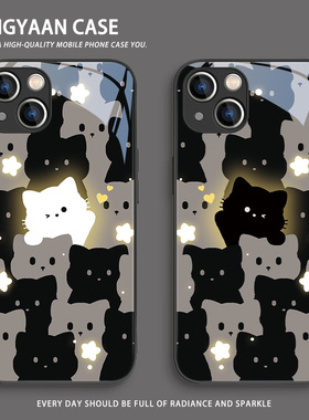 适用iPhone15手机壳发光猫咪14promax新款iPhone13情侣12可爱11创意x高级感xr人群中遇见你15pro玻璃8p7套6sp