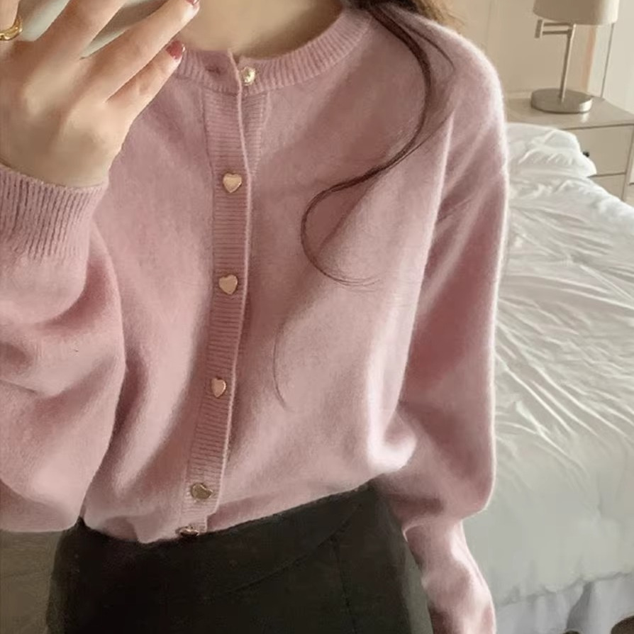 100%羊毛圆领针织开衫女宽松