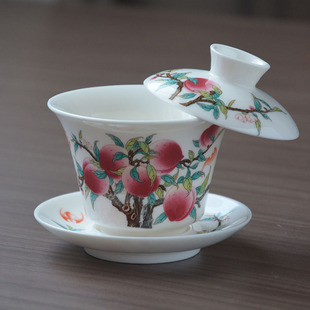 苍岚羊脂玉三才盖碗粉彩九桃五福悬停旋转泡茶碗家用陶瓷功夫茶具