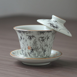 新中式黄汝窑三才盖碗复古风墨竹悬停泡茶碗家用陶瓷开片功夫茶具
