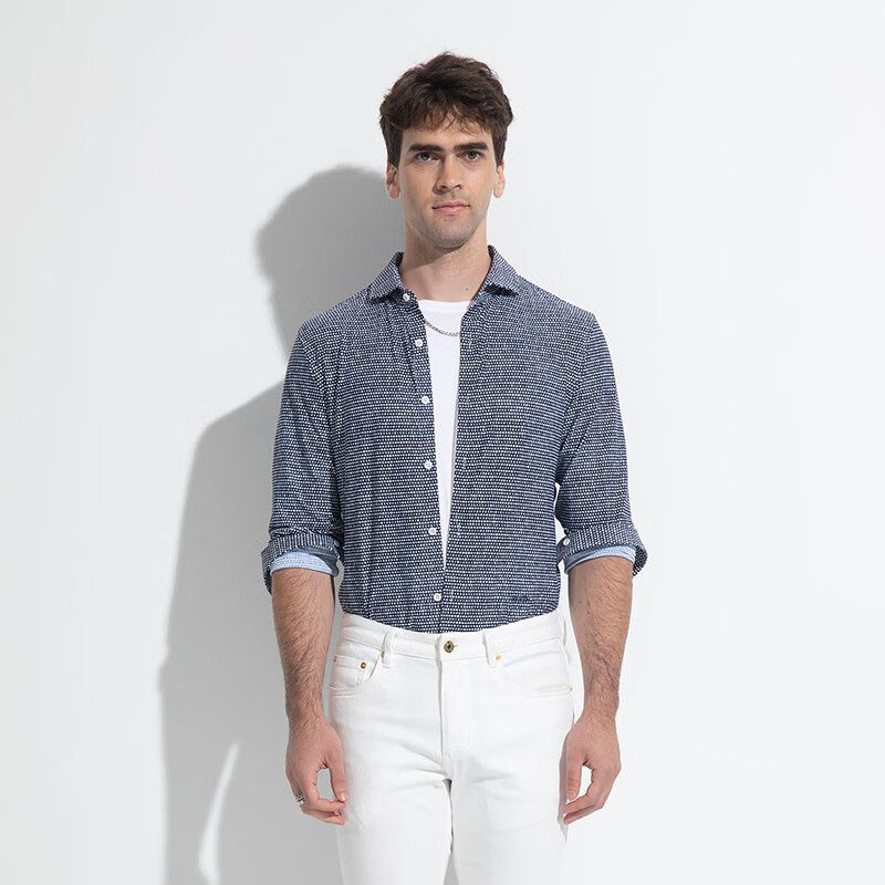 LIU&middot;JO UOMO男士 春秋款商务休闲藏青波点polo领长袖衬衫上衣