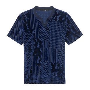 LIU·JOUOMO宝蓝半剪绒影质感提花面料短袖 T恤09123216007