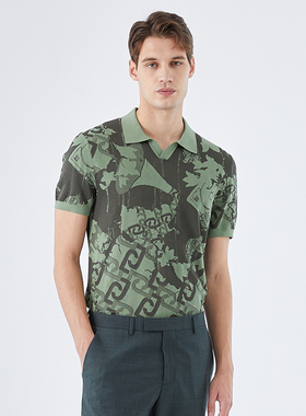 LIU·JO UOMO绿色翻领V领时尚潮流宽松男士针织短袖2023夏季新品