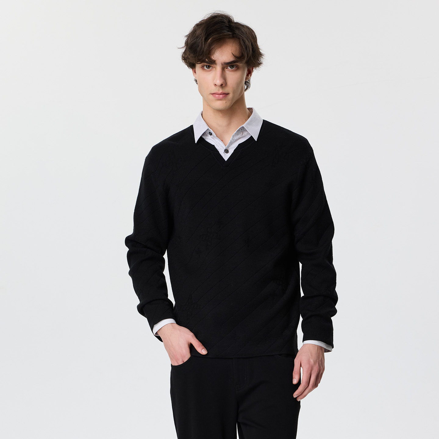 LIU·JO UOMO男士 秋冬休闲舒适绵羊毛微弹V领套头毛衫POLO衫上衣