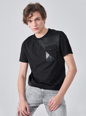 LIUJO UOMO男装夏季拼接款提花口袋装饰圆领短袖T恤潮流时尚