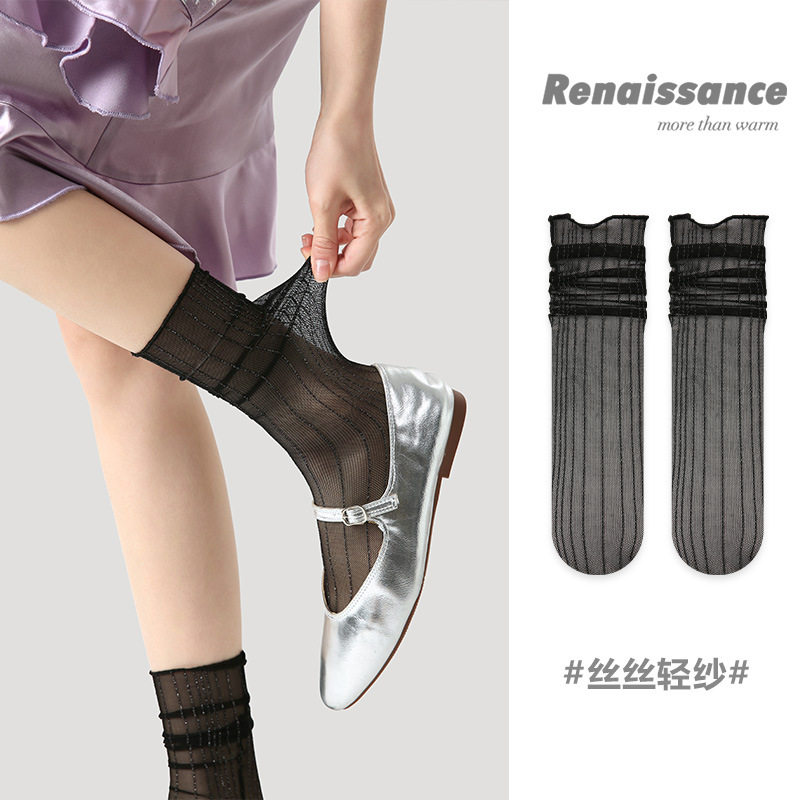 Renaissance袜子女透明中筒袜网纱玻璃丝袜夏天薄款透气条纹女袜
