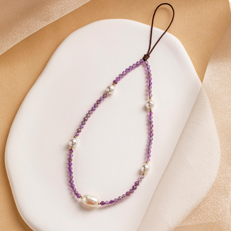 加噜雾霾紫水晶天然珍珠高级手机链挂绳挂件温柔ins风小众设计礼品