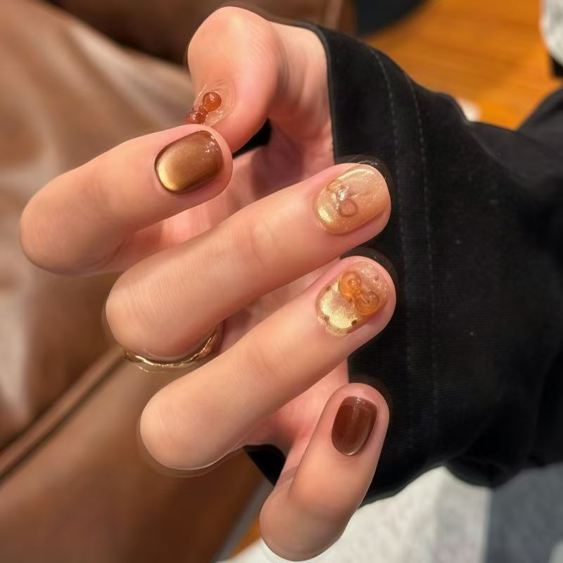 手工穿戴甲秋冬短款焦糖