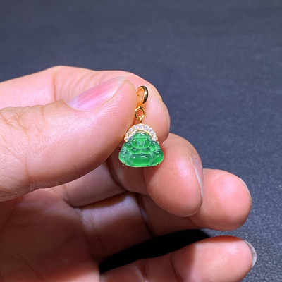 小精美天然A货翡翠高冰阳绿福雅真爱玉佛公小吊坠挂件S925银镶嵌