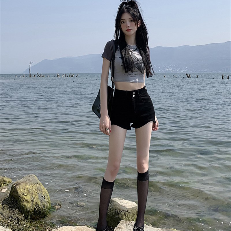卡其色牛仔短裤女2024年u夏季新款高腰显瘦设计感小个子包臀热裤