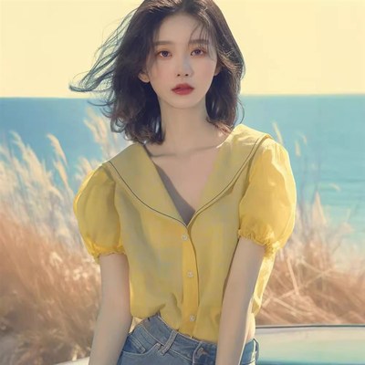 法式小众温柔甜美气质显瘦宽松上衣休闲慵懒O风黄色格纹泡泡袖衬