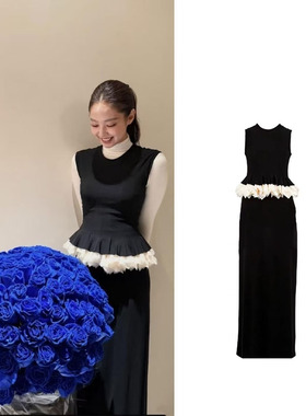 金智妮同款黑白撞色花瓣收腰无袖垂坠感简约百搭春夏长款连衣裙