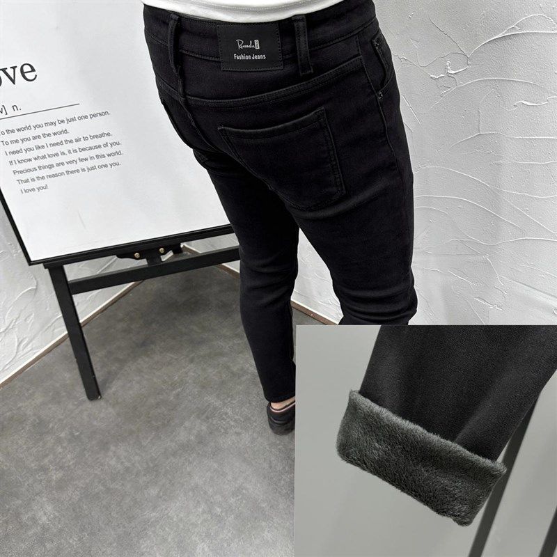 加绒加厚保暖水洗纯黑修身小脚九分牛仔裤潮男冬弹力休闲百搭长裤