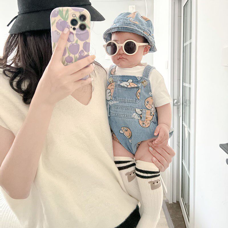 夏季婴儿卡通牛仔背带裤连体衣哈衣男女宝宝包屁衣爬服Y套装送帽