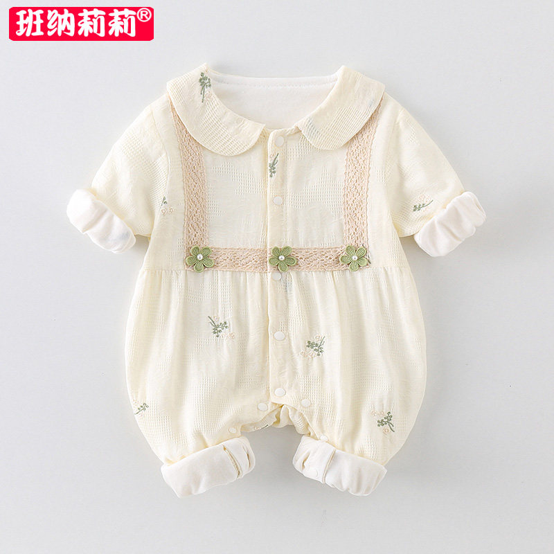 婴儿衣服春装新生女宝宝连体衣满月百天公主外出单排扣爬服春秋潮