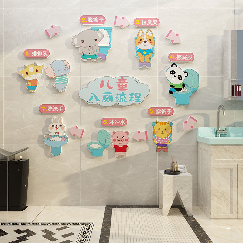 儿童入厕流程教育装饰画卡通幼儿园E学校教学卫生间自粘立体墙贴图片