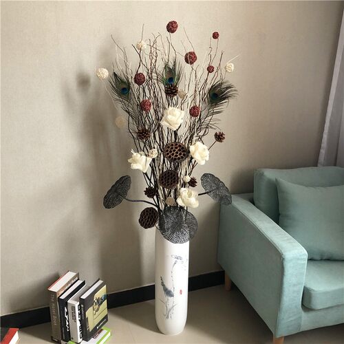 客厅装饰干花花束现代干树枝装饰简约大型落地仿陶瓷花瓶欧式摆件