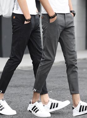 夏季9分裤纯f棉男士九分休闲裤修身小脚灰色百搭韩版潮流男裤弹力