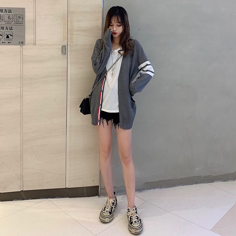 tb开衫女2021秋冬新款V领毛衣外套中长款针Q织衫宽松学院风上衣潮
