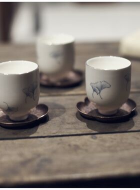 勿念《有杏遇见》银白手绘茶z杯 主人杯  茶具茶壶 釉下彩 白瓷