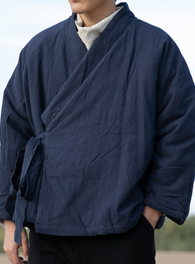 冬装加厚棉衣中式复古棉麻斜襟汉服F保暖系带道袍男交领禅修服棉