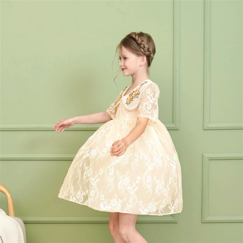 童装女童新款夏装蕾丝重工钉珠串珠绣花领短袖连衣裙甜美宽松