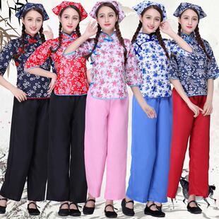 采茶服装女盘扣民族o。茶园乡村碎花演出服阿庆嫂五四姑娘民国花