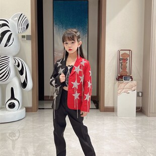 儿童班服模特走秀礼服演出服西装男女夸张黑红拼流苏中国风潮服