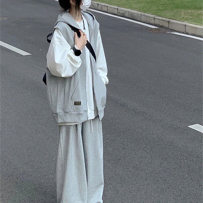 慵懒随意少年感休闲运动套装x女秋冬宽松百搭卫衣马甲阔腿裤三件