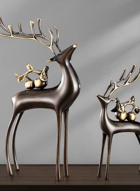 招财全铜福鹿玄关一对客厅乔迁高端电视柜酒柜家居新款轻奢摆件