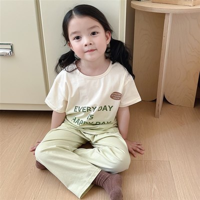 儿童睡衣纯棉薄款短袖长裤套装女童夏季A类家居服男孩宝宝空调服