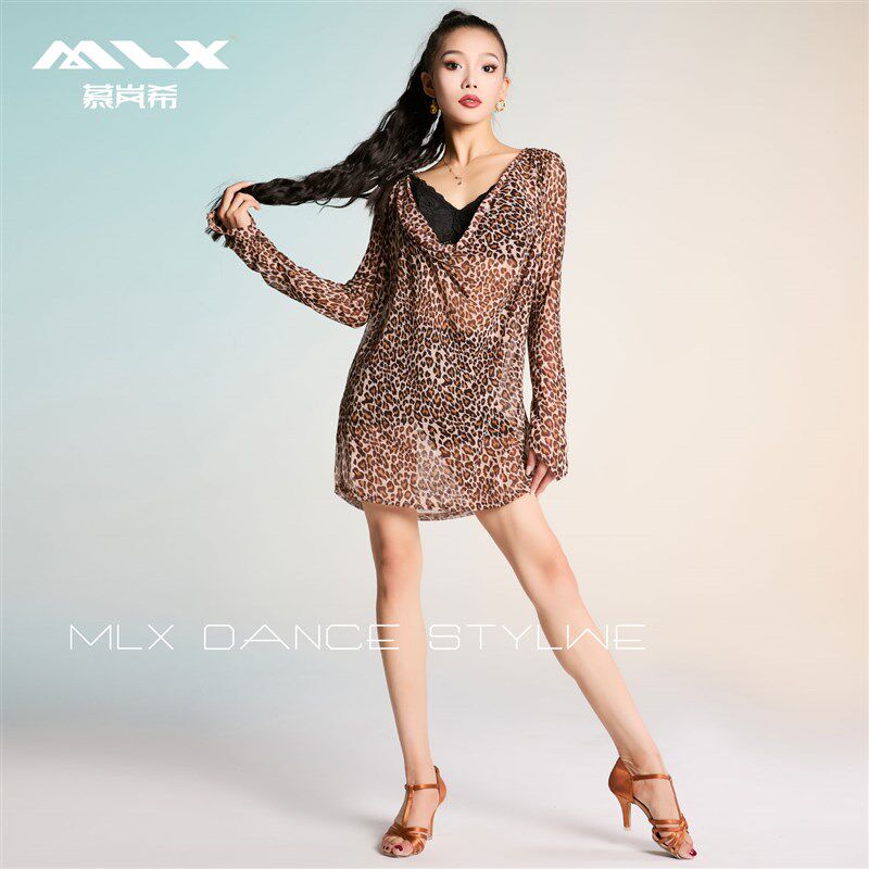 2025新款拉丁舞服成人女教师练功服高级感宽松豹S纹连身裙演出服