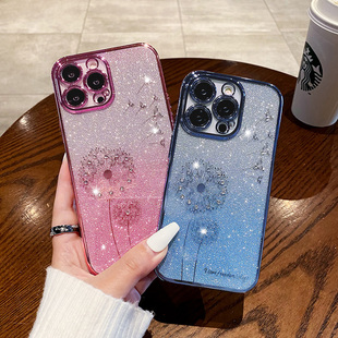 闪粉蒲公英苹果13手机壳12电镀14水钻11pro适用iPhoneXS透明max硅胶XR软壳镜头全包7/8plus防摔se2保护套女神