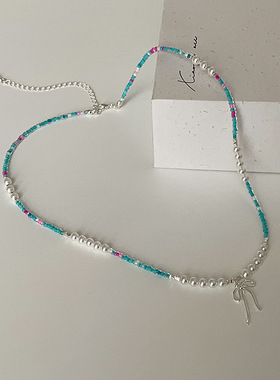 清新气质银色蝴蝶结米珠拼接项链女百搭高级感小众温柔精致锁骨链