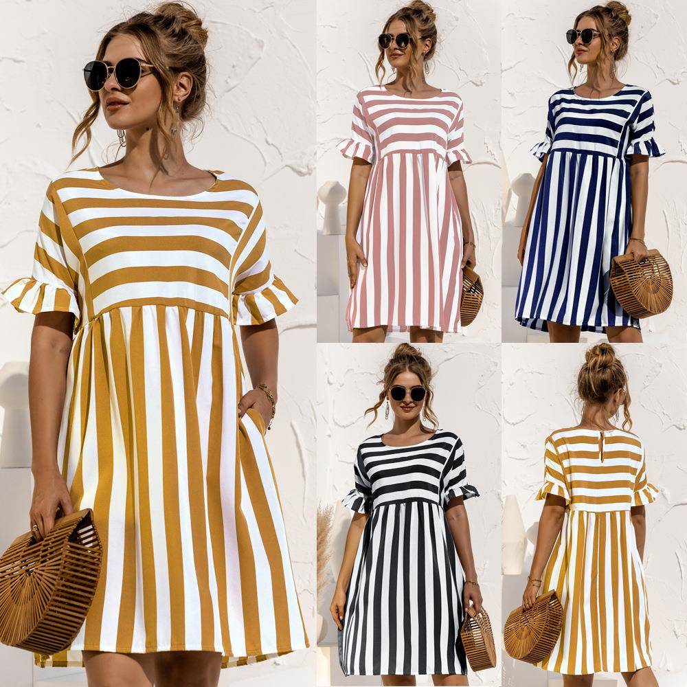 color Womens striped loose patchwork short-sleeved ruffled