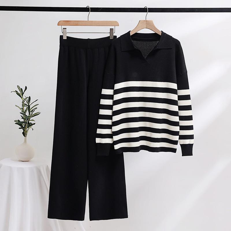 Women's long sleeve sweater suit knitted top trousers suit
