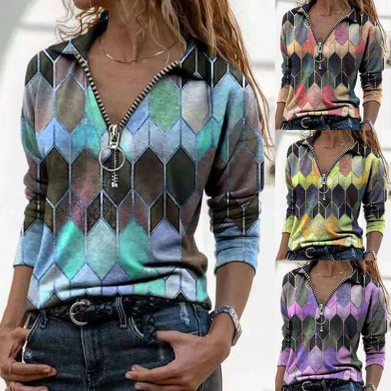 T-shirt size slim women V-neck zipper womens long-sleeved