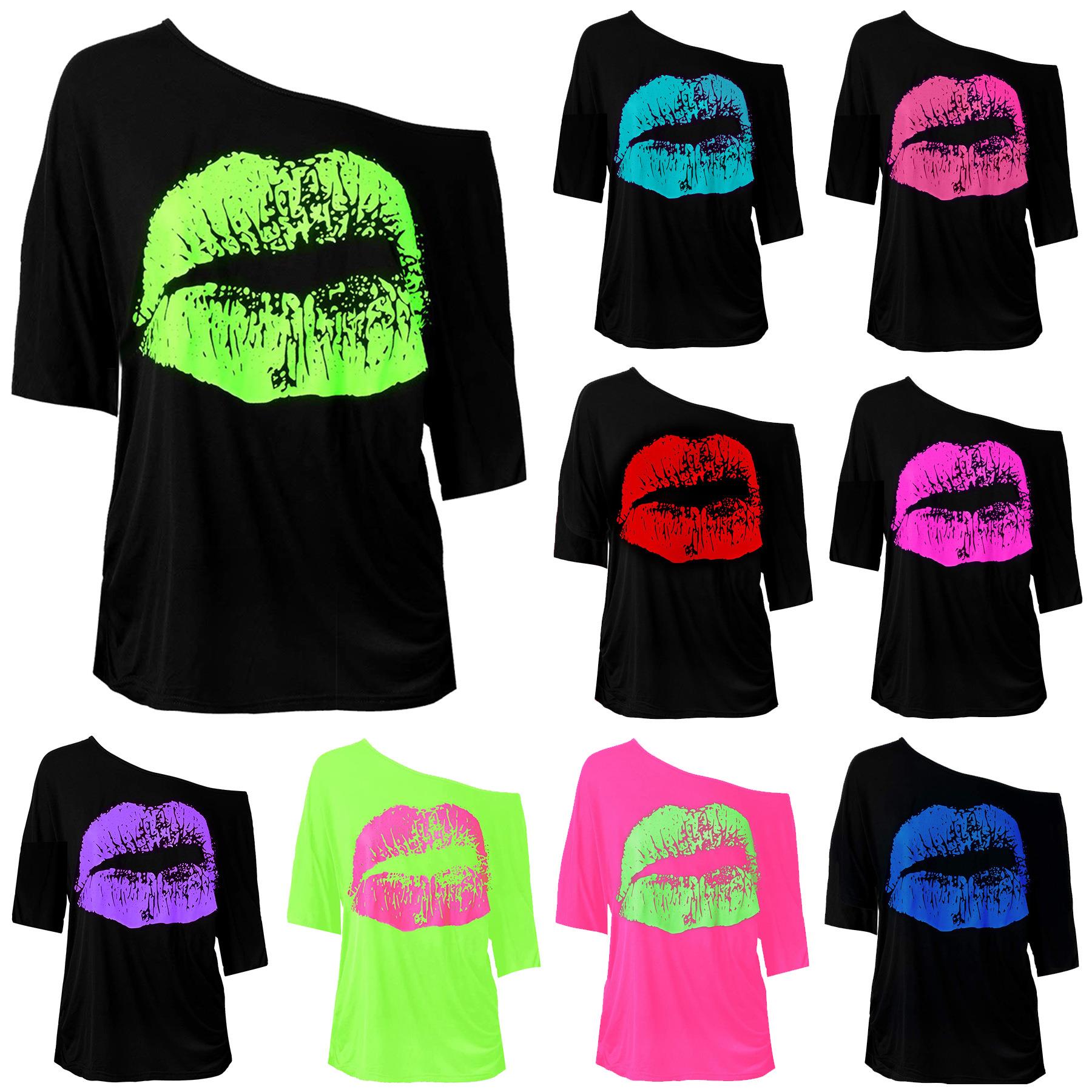 T-shirt mid-sleeve shoulder oblique womens clothing lips