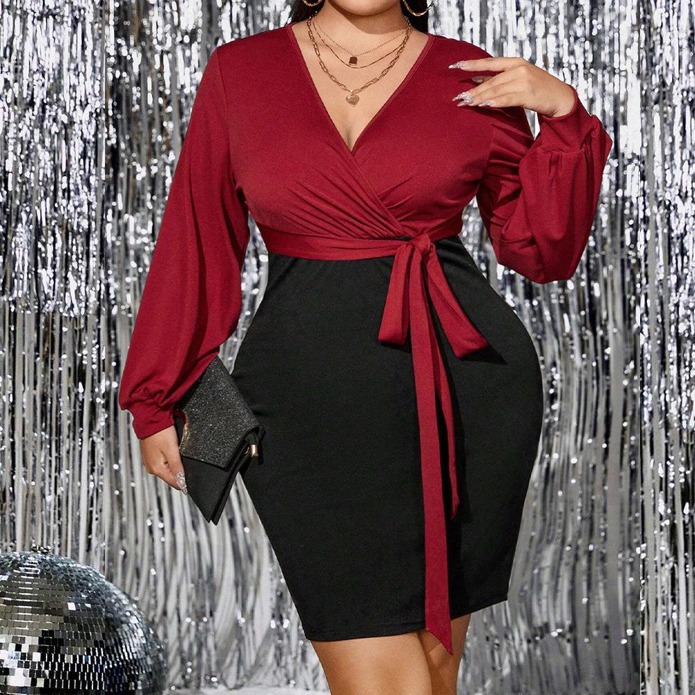dress sleeve long hip fit slim V-neck sexy color contrast