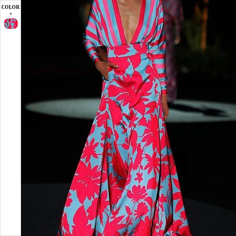 Summer womens digital V-neck long-sleeved dress temperament