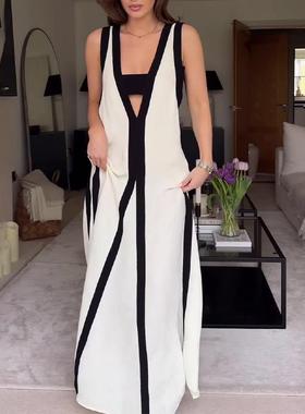 for white women color dress beige contrast dress long black