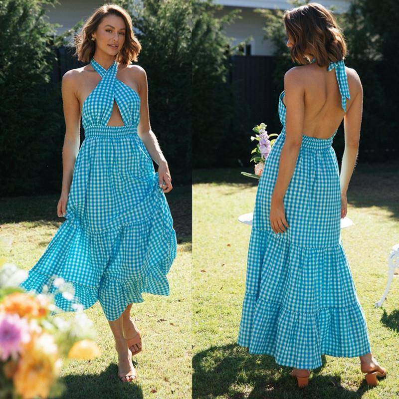 Cross-over halter neck tie backless swing dress