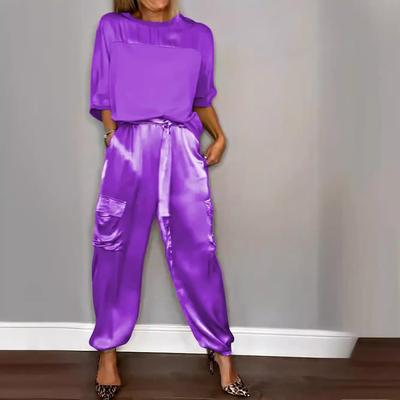 pants two-piece top womens smooth half-sleeved set satin