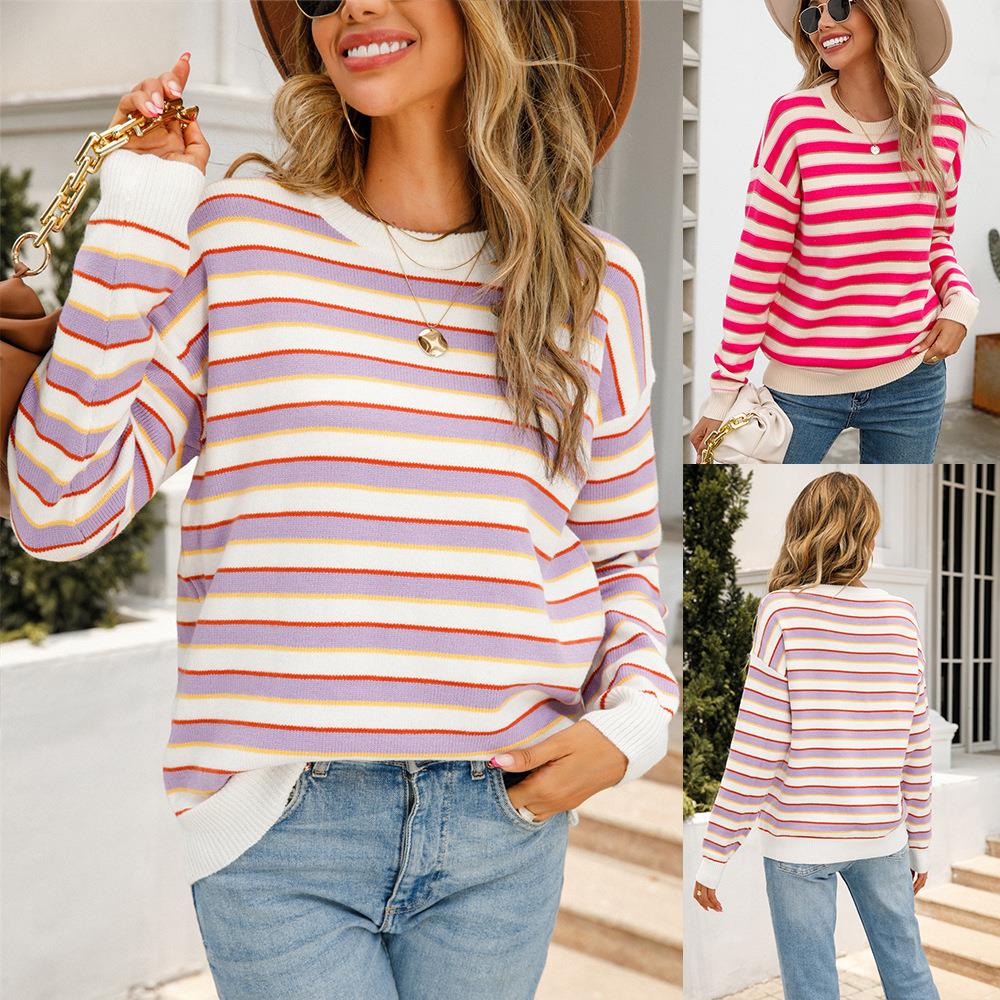 sweater bottoming neck round striped pullover sweater