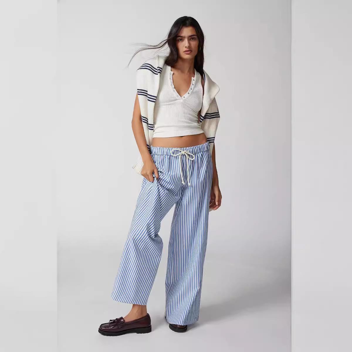 striped long pants for women elastic waist drawstring