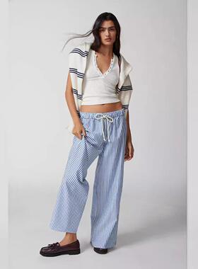 striped long pants for women elastic waist drawstring